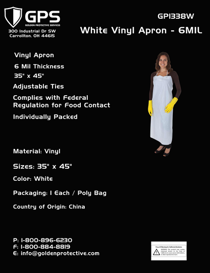 White Vinyl Apron, 6 Mil, 35" x 45", Adjustable Ties, Sold by Each