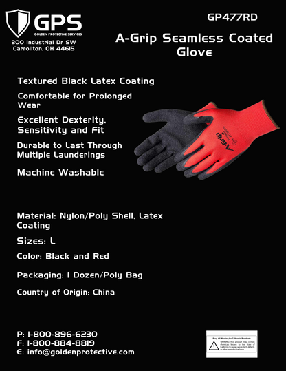 A-Grip Seamless Coated Gloves, Black Latex Coating, Nylon/Poly Shell, Size Large