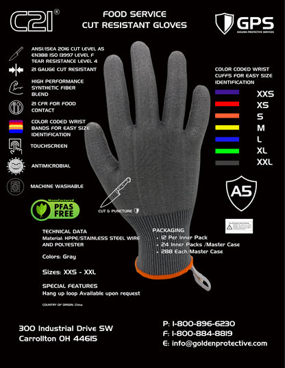 C21® Cut Resistant Gloves – A5 / Level F, 21 Gauge, Food Safe, Touchscreen