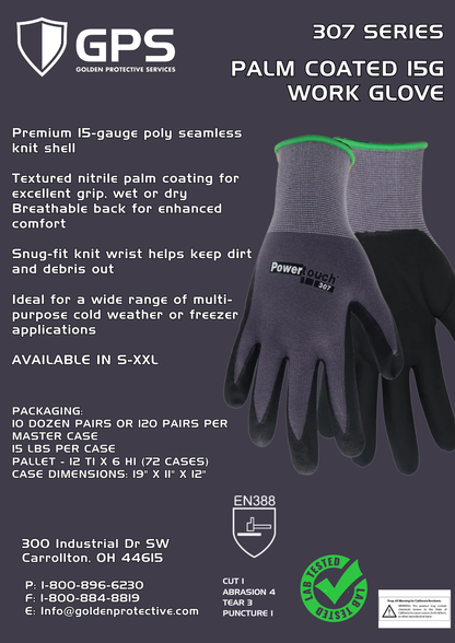 307 Series Powertouch® 15 Gauge Palm Coated Work Glove, Gray/Black, Sizes S-XXL