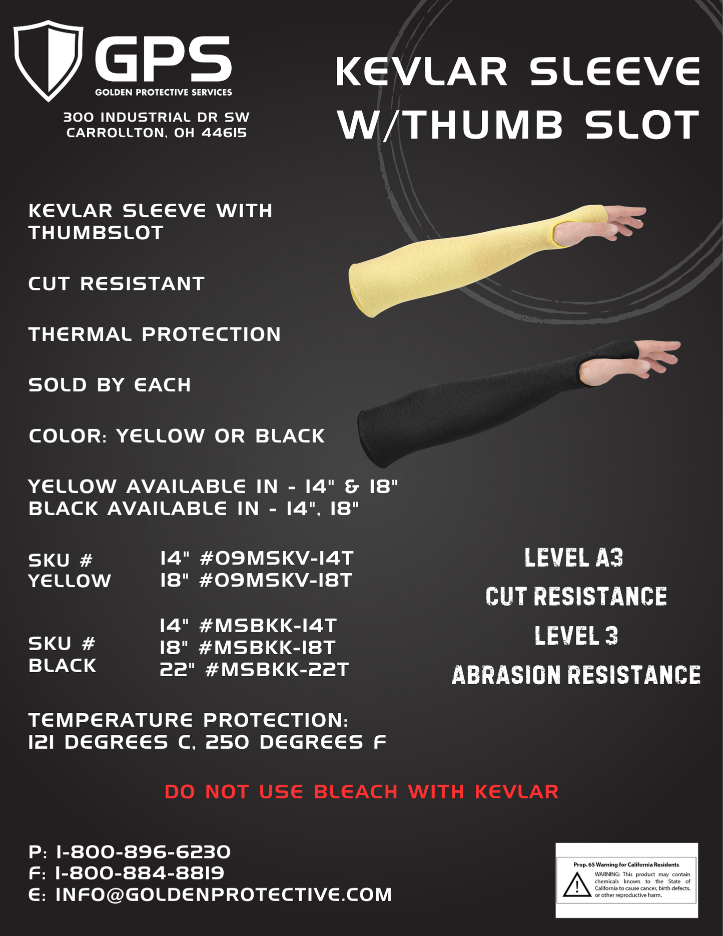 Yellow Cut Resistant Thermal Sleeve with Thumb Slot | 09MSKV 14, 18, 22" Lengths