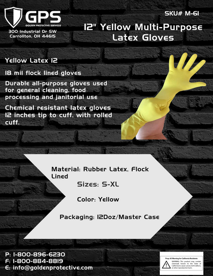 12" Multi Purpose Latex Gloves, Yellow Disposable Household, Textured, Chemical Resistant, 18 mil, Sizes S-XL
