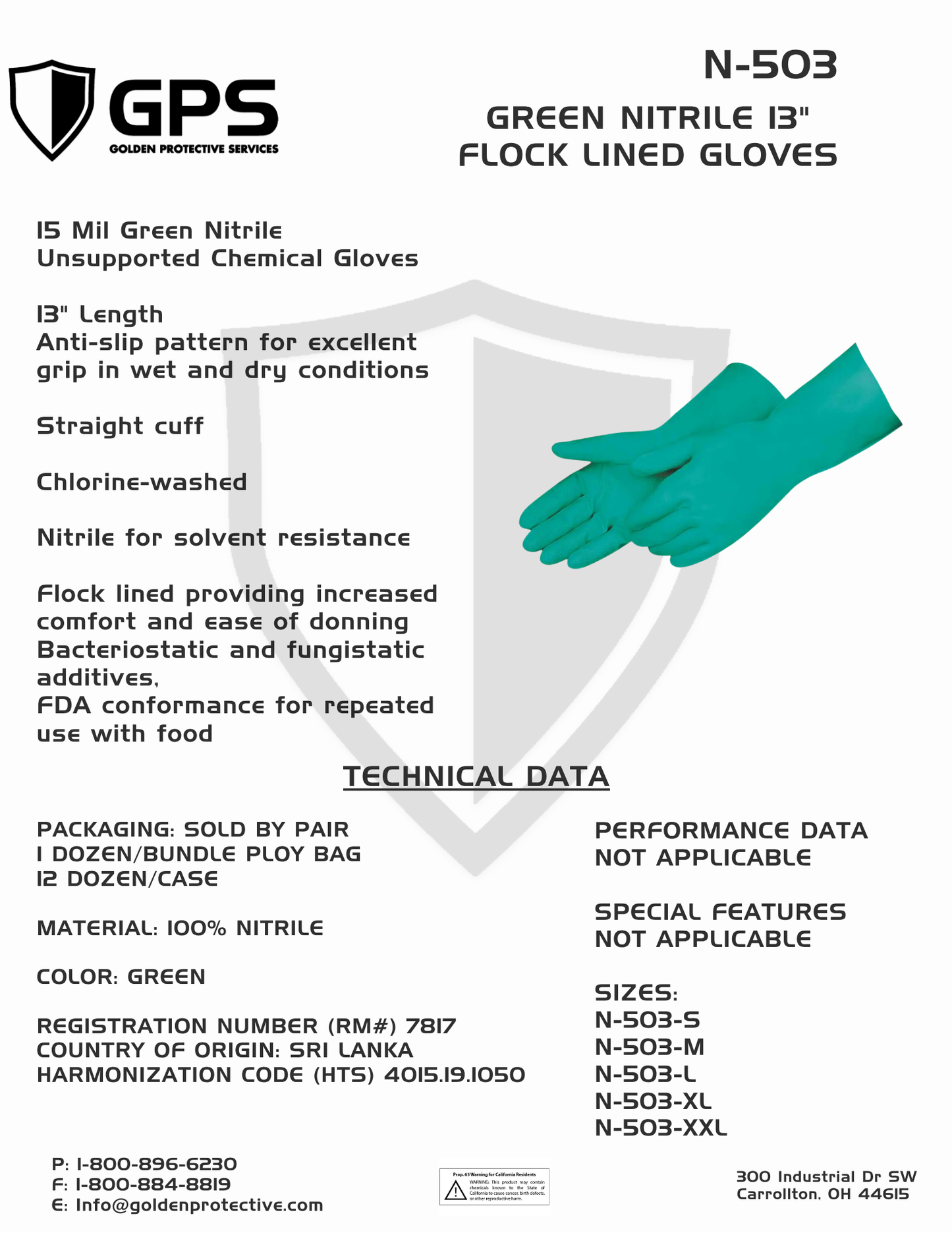 Green Nitrile 13" Flock Lined Chemical Gloves, 15 Mil