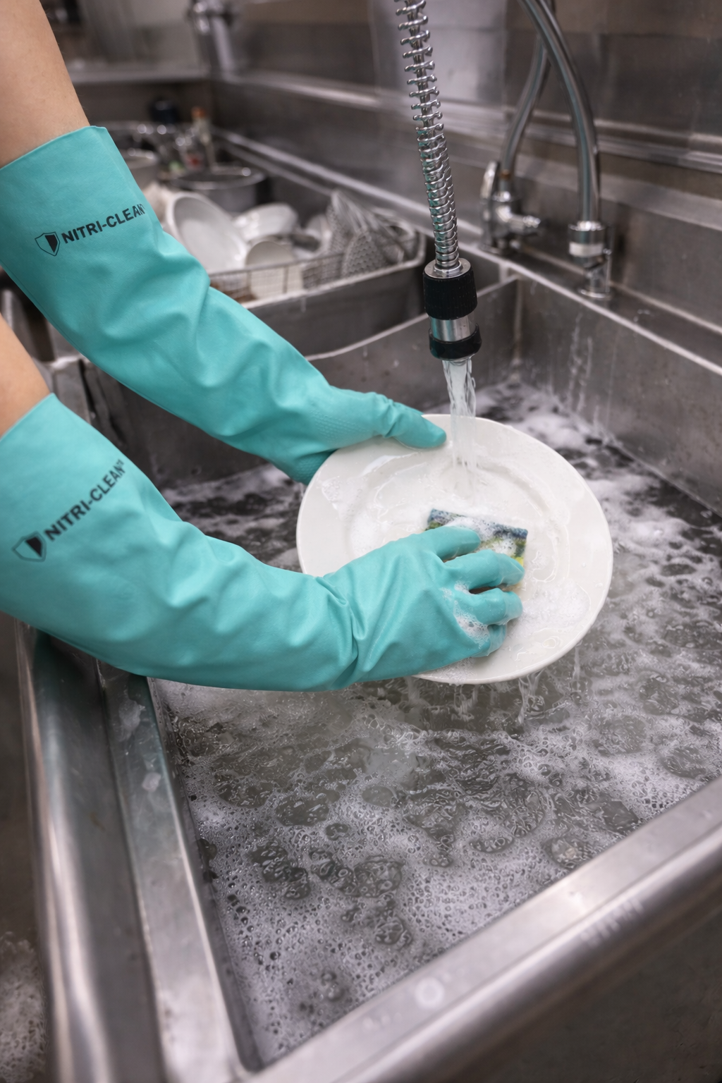 Nitri-Clean™, Green Nitrile Dishwashing Gloves, 22 mil, 18" - Sizes S-XXL