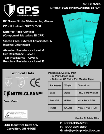 Nitri-Clean™, Green Nitrile Dishwashing Gloves, 22 mil, 18" - Sizes S-XXL