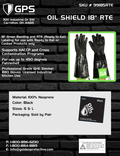 Oil Shield®, 18" (99185RTE) High Temp Neoprene Insulated Gloves, Green Banding & RTE Labeling - Mens Sizes S and L