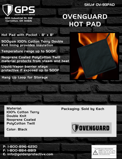 OvenGuard® Hot Pad 8" x 8", Burn and Steam Protection, 500 Degree Temp Rating, Hang Up Loop, Black, Sold by The Each