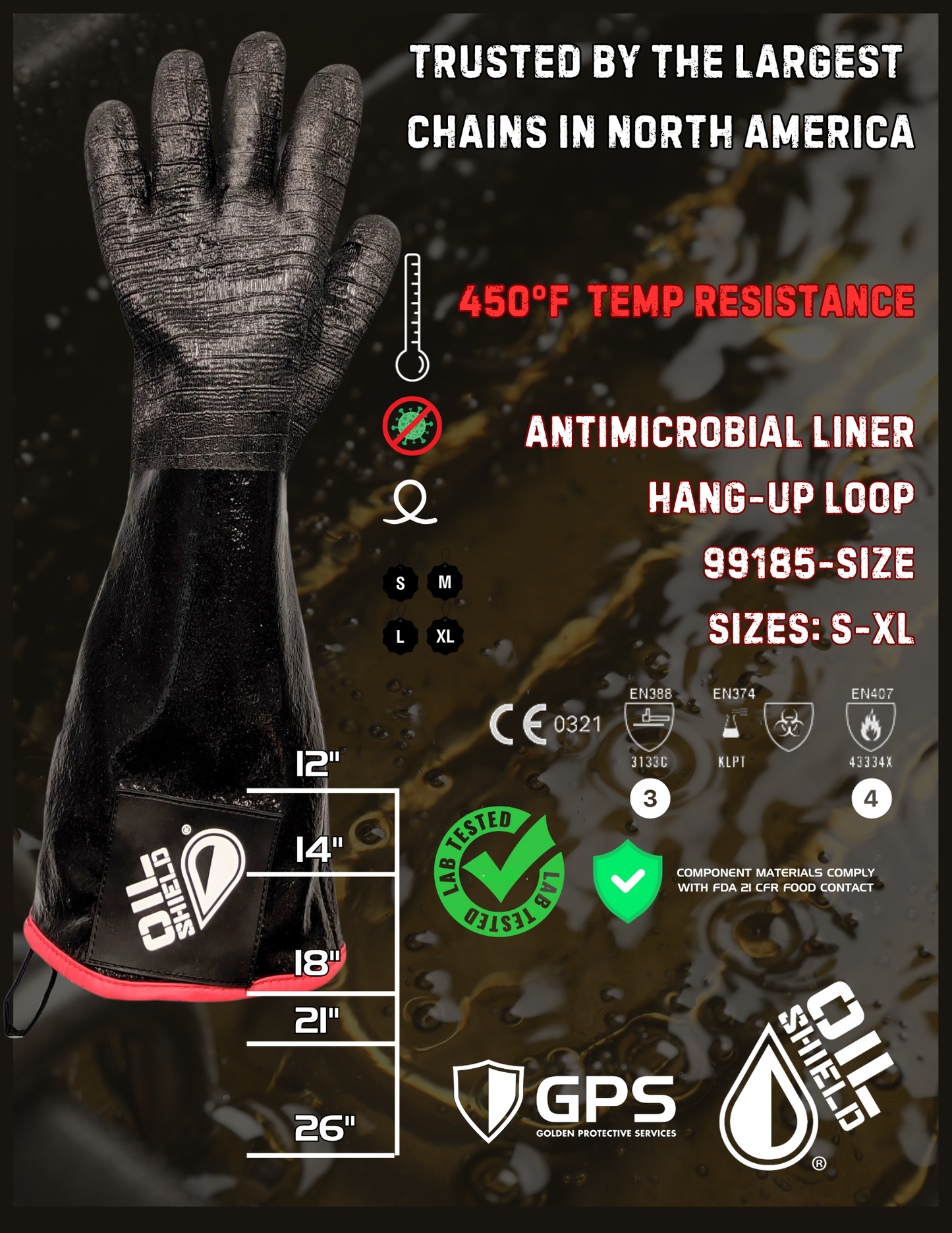 Oil Shield®, 18" (99185RTE) High Temp Neoprene Insulated Gloves, Green Banding & RTE Labeling - Mens Sizes S and L