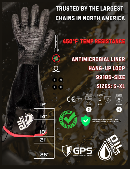 Oil Shield®, 18" (99185RTE) High Temp Neoprene Insulated Gloves, Green Banding & RTE Labeling - Mens Sizes S and L