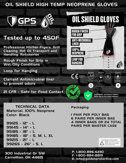 Oil Shield®, 18" (99185RTE) High Temp Neoprene Insulated Gloves, Green Banding & RTE Labeling - Mens Sizes S and L