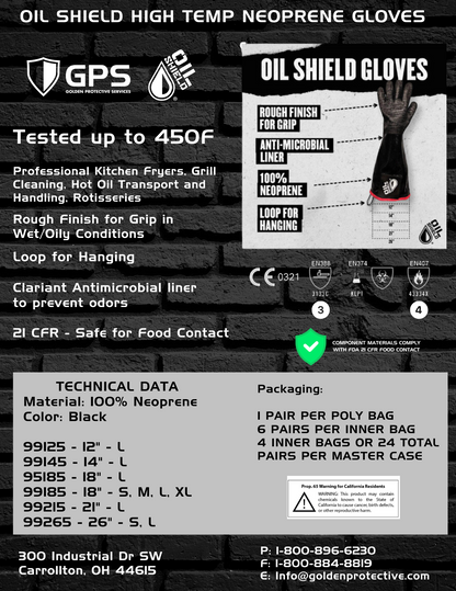 Oil Shield®, 18" High Temp Insulated Neoprene Gloves - Men's Sizes S-XL