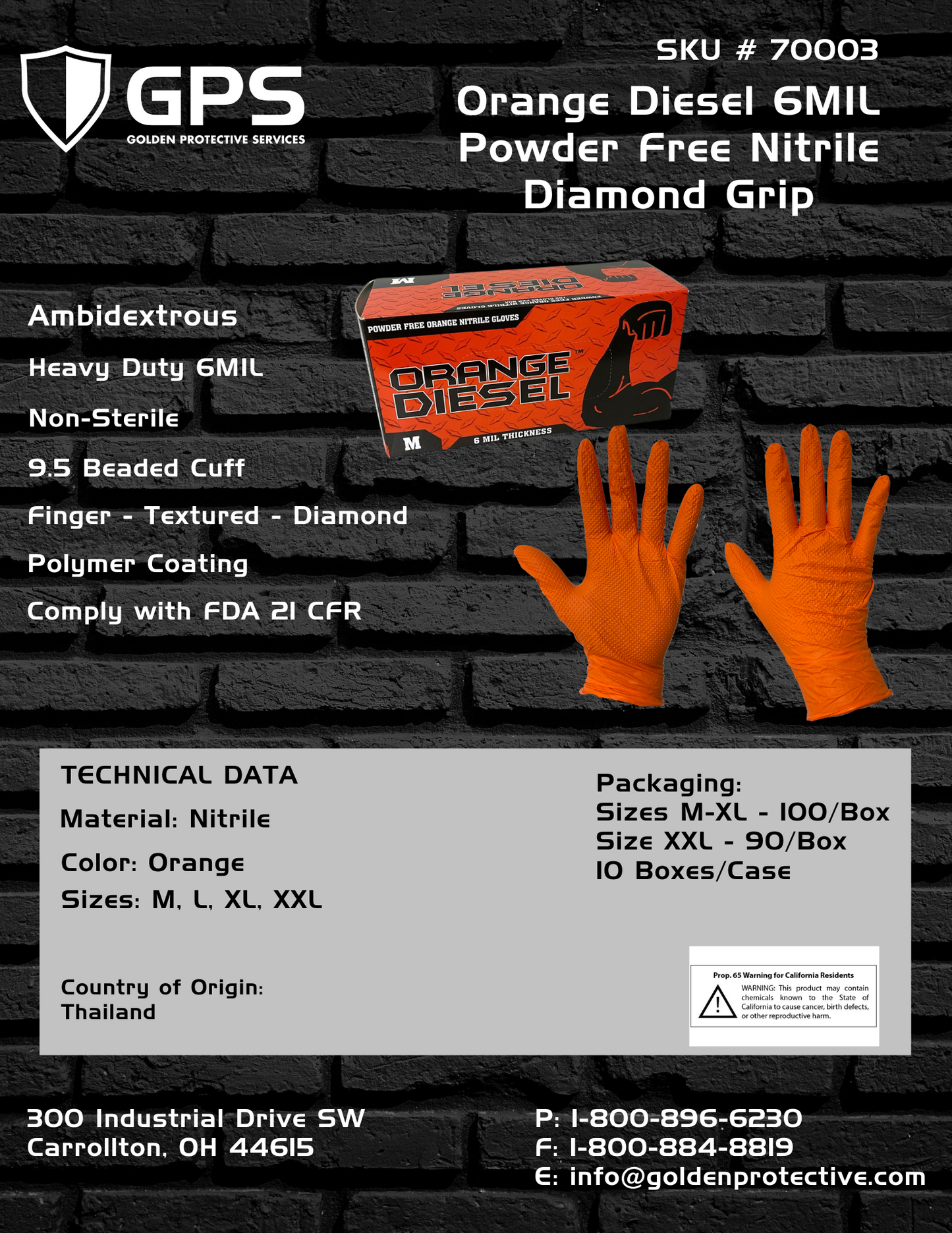 The Orange Diesel®, Powder Free Nitrile Disposable Gloves, 6 Mil