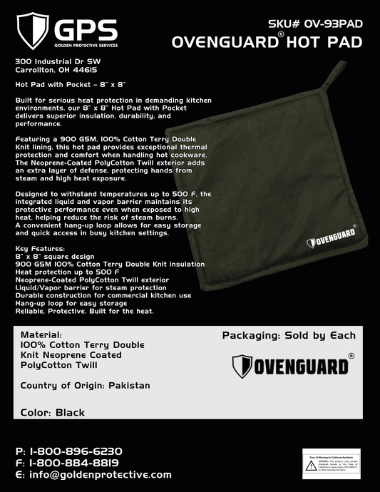 OvenGuard® Hot Pad 8" x 8", Burn and Steam Protection, 500 Degree Temp Rating, Hang Up Loop, Black, Sold by The Each