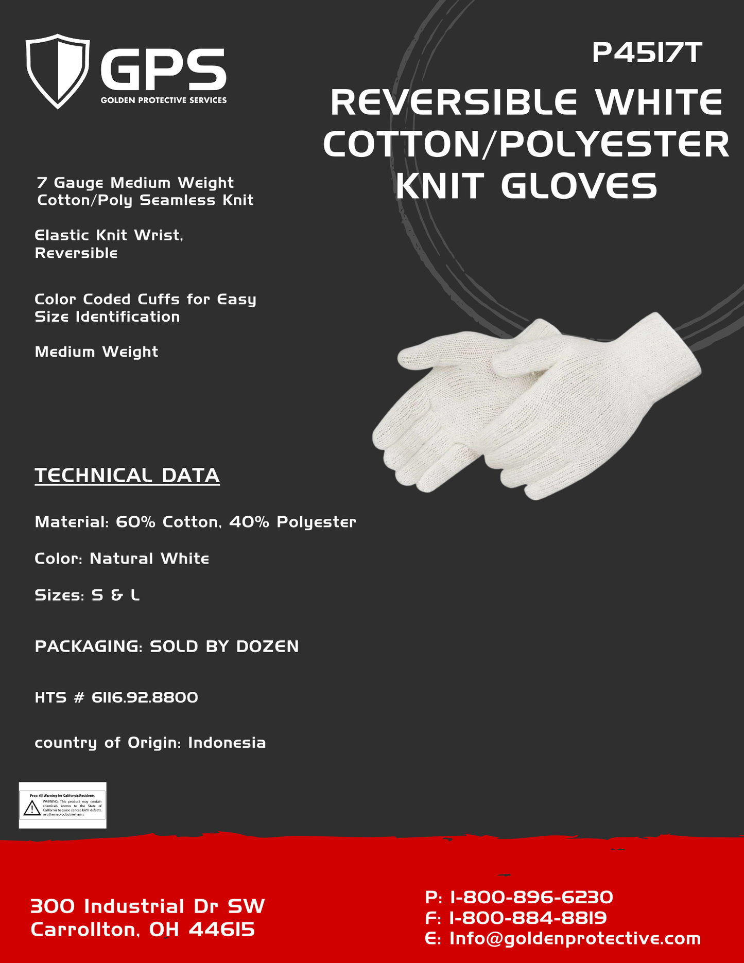 Reversible White Cotton/Polyester Knit Gloves, Medium Weight, Elastic Knit Wrist, Sold by Dozen