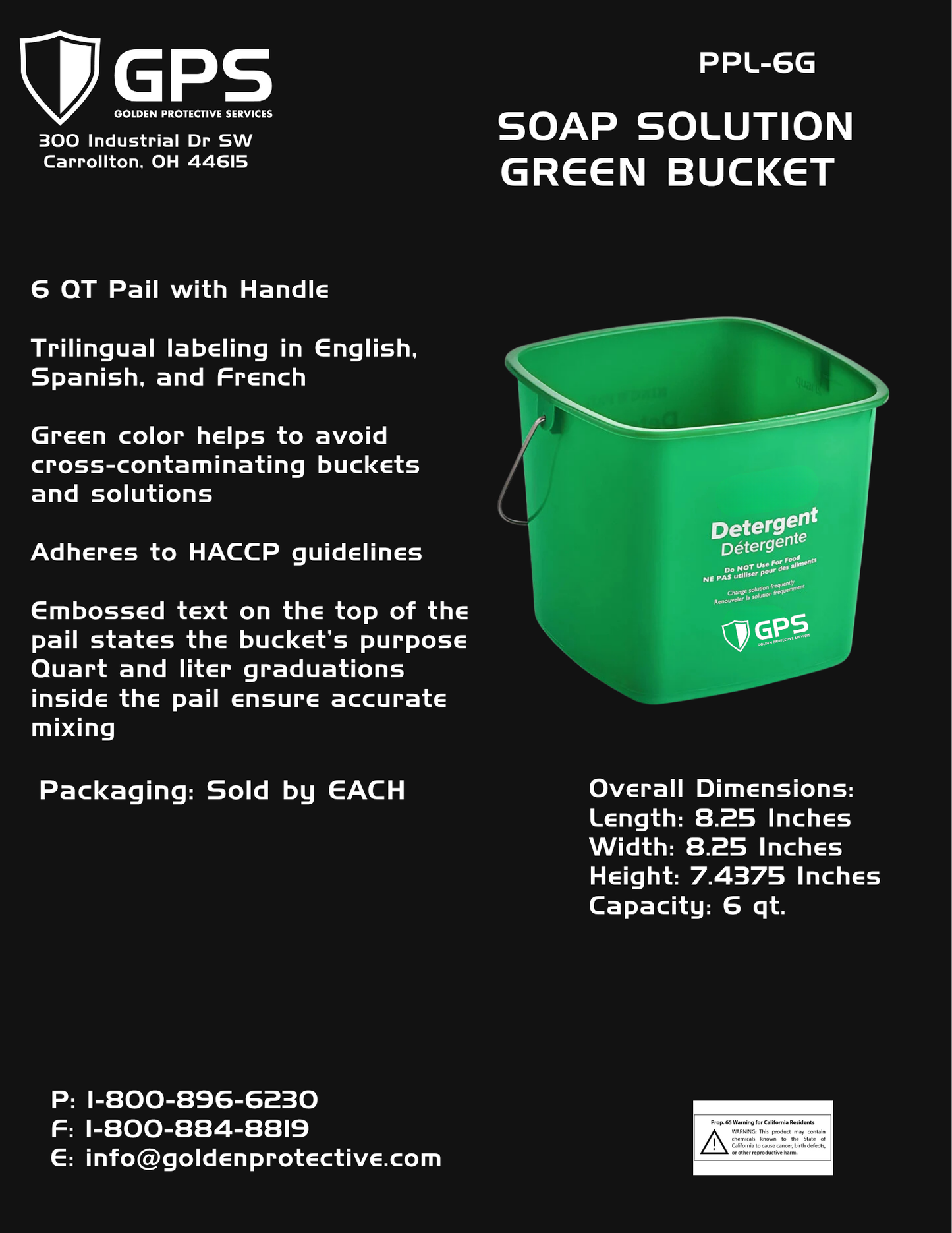 6 Qt Green Soap Solution Bucket | HACCP Cleaning Pail with Handle PPL-6G