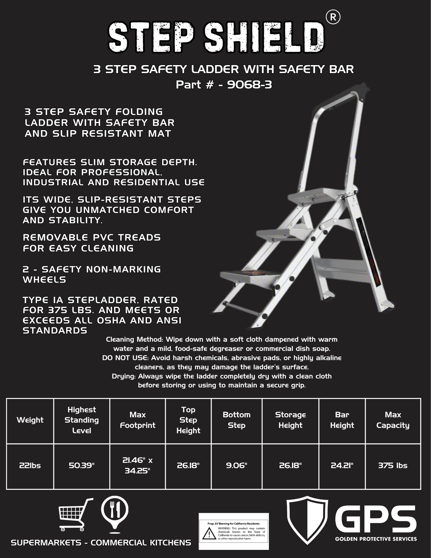 3 Step Shield® Safety Step Ladder with Safety Bar