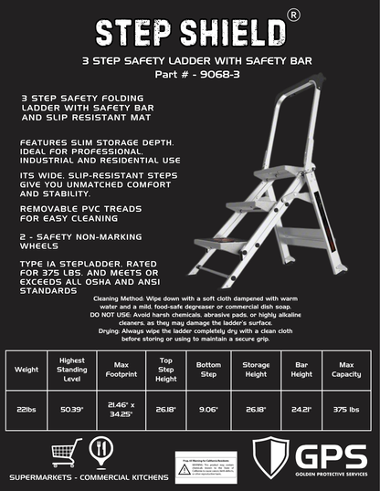 3 Step Shield® Safety Step Ladder with Safety Bar