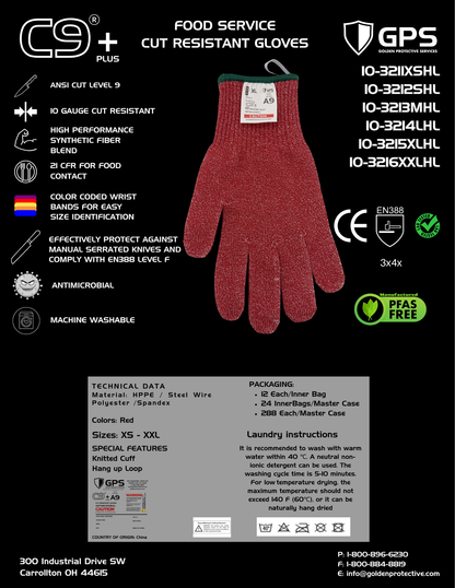 C9+ 10 Gauge Red Cut Resistant Gloves