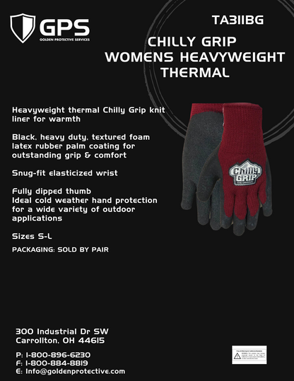 Red Steer Chilly Grip Women's Heavyweight Thermal-Lined Foam Latex Gloves, Maroon/Black