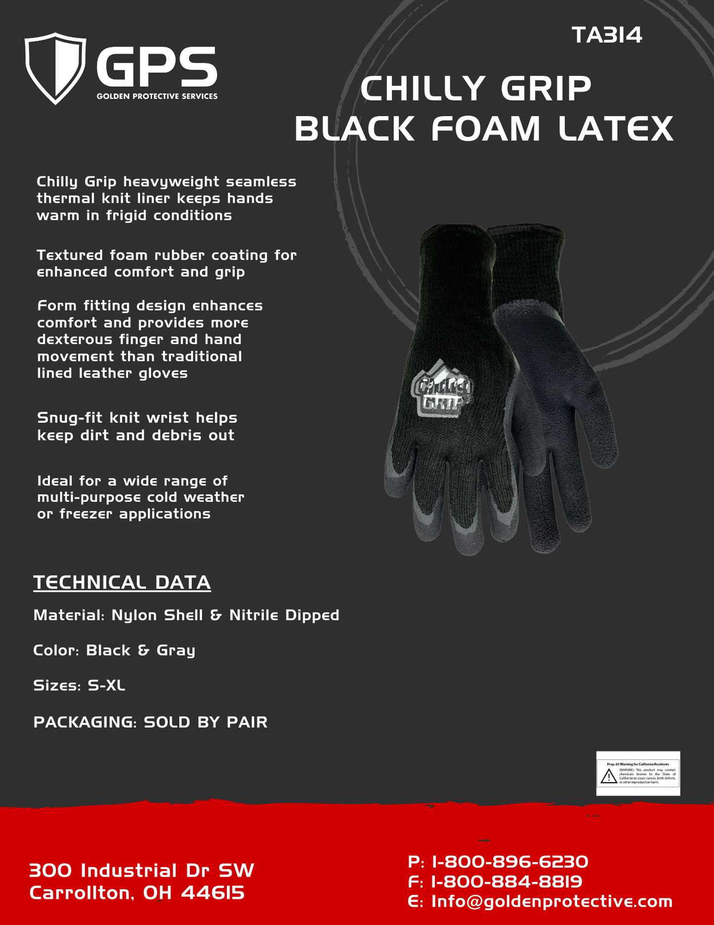 TA314 Chilly Grip Foam Latex, Black, Rubber Palm, Sizes S-XL, Sold by Pair