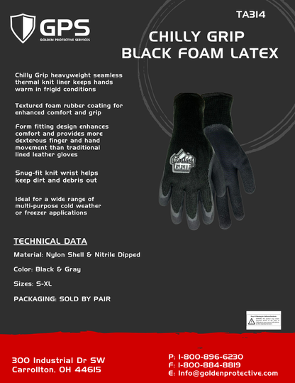 TA314 Chilly Grip Foam Latex, Black, Rubber Palm, Sizes S-XL, Sold by Pair