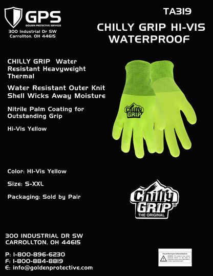 Chilly Grip Water Resistant Hi-Vis Yellow Thermal Lined Gloves