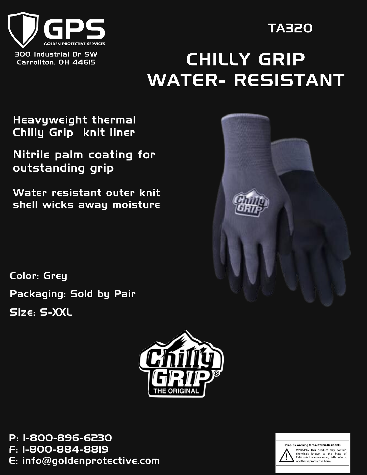 TA320 Chilly Grip H2O Water Resistant Gray Gloves, Thermal Liner, Black Nitrile Coated Palm, Sizes S-XL