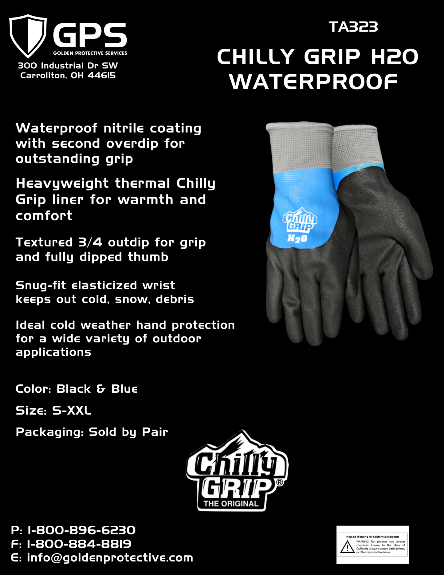Chilly Grip H2O Waterproof Thermal Knit Liner, Sizes M-XXL, Sold by Pair