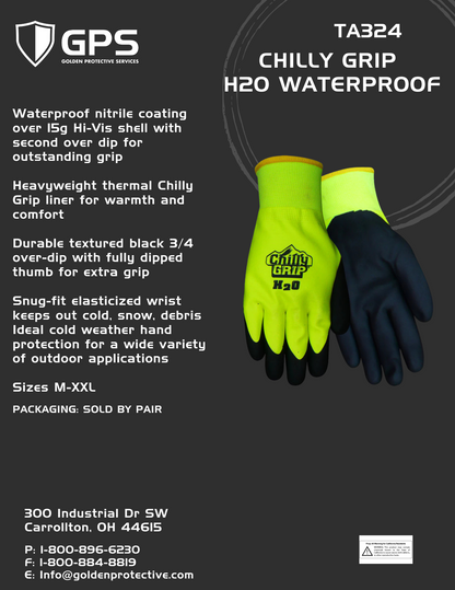 Chilly Grip H2O Waterproof Thermal-lined Black/Hi-Vis Large Full Fingered Work & General-Purpose Gloves - Nitrile Over Dip Coating, Sizes M-XXL