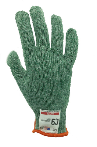 C9 Cut Resistant 10 Gauge, ANSI 6 Green Glove, Antimicrobial, Sizes S-L, Sold by Each