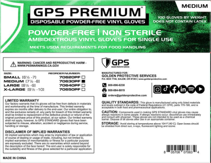 GPS Premium Vinyl Disposable Gloves Powder Free - Sizes S-XXL