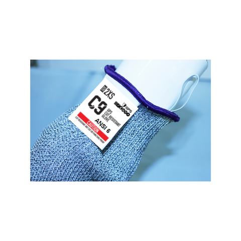 C9, 10 Gauge Cut Resistant Grey Glove w/Hang Up Loop ANSI Cut Level 6 - Sizes XXS-XXL