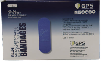 1" x 3" Blue Metal Detectable Food Service First Aid Bandages  - 100/Box