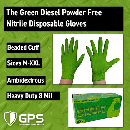 The Green Diesel, Powder Free Nitrile Disposable Gloves, 8 Mil, Sizes M-XXL - GPSFoodService