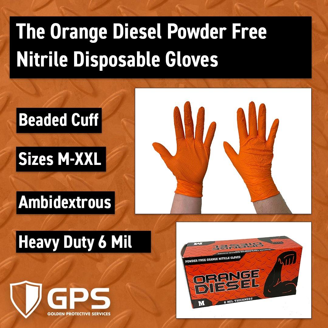 The Orange Diesel, Powder Free Nitrile Disposable Gloves, 6 Mil, Sizes M-XXL - GPSFoodService